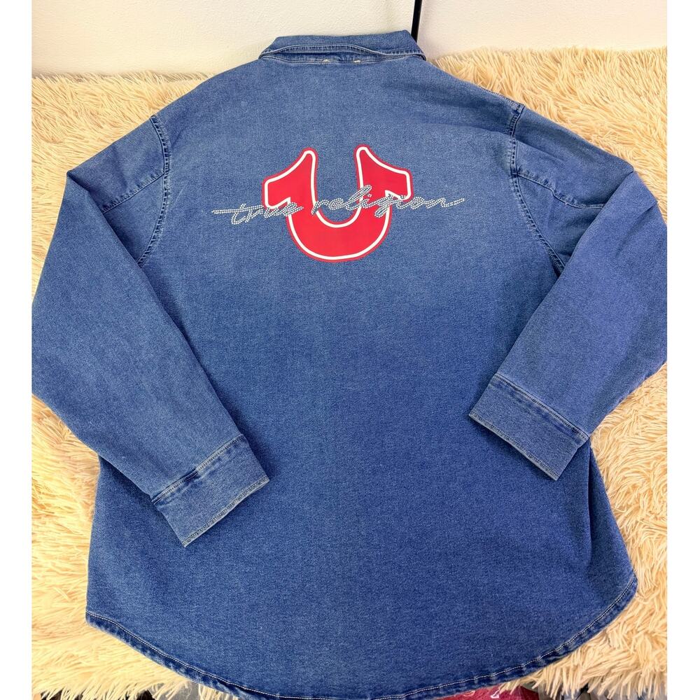 True Religion Oversized Denim Shirt Crystal Horseshoe Back Logo NWT Large